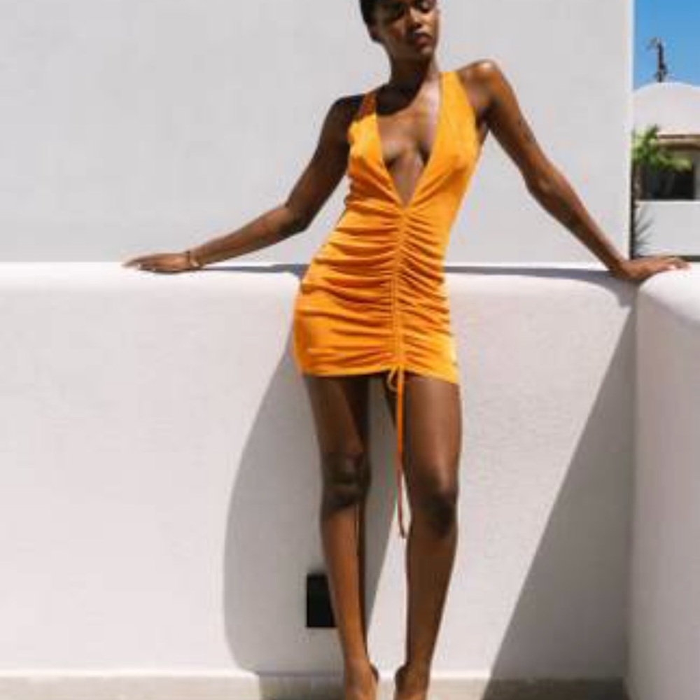 Labelrail x Eva Apio drawstring plunge front mini dress in Orange